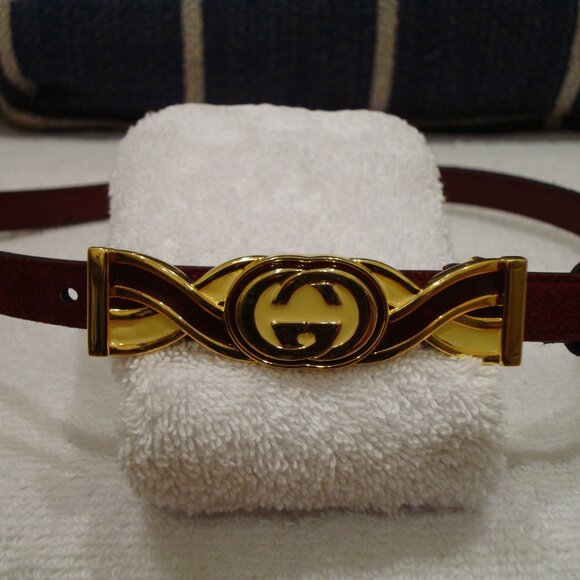 Gucci Burgundy Suede Gold Metal Interlocking G Buckle Skinny Belt (M) VERY GOOD! - Picture 5 of 13